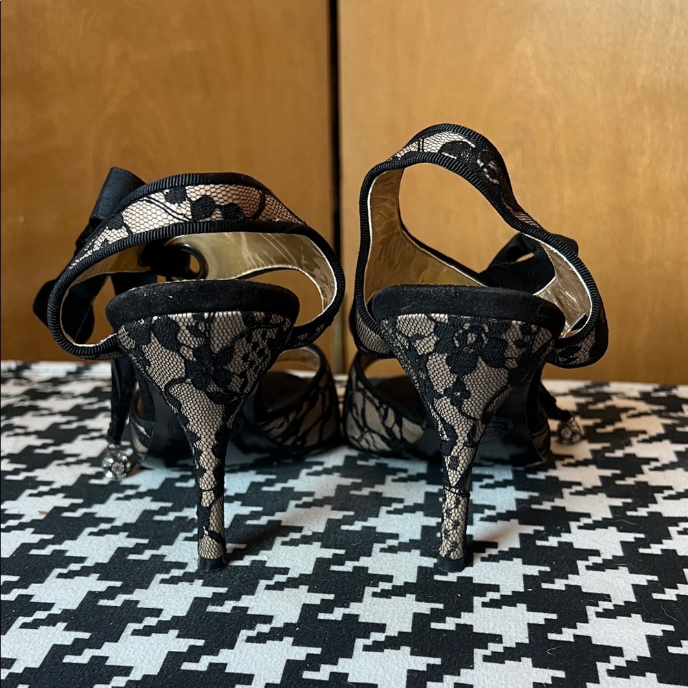 Charlotte Olympia Black Lace Peep-Toe Heels with Bow and Crystal Charm - Picture 3 of 5